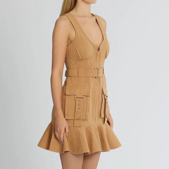 ACLER Vermont Flounce Hemdress Tan Bodycon with Gold Hardware, only worn 1 x - Picture 2 of 15